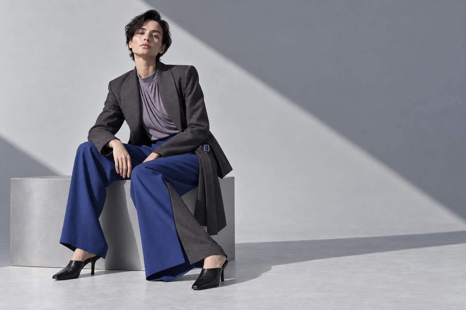 Sornelle campaign model seated in modular tailoring